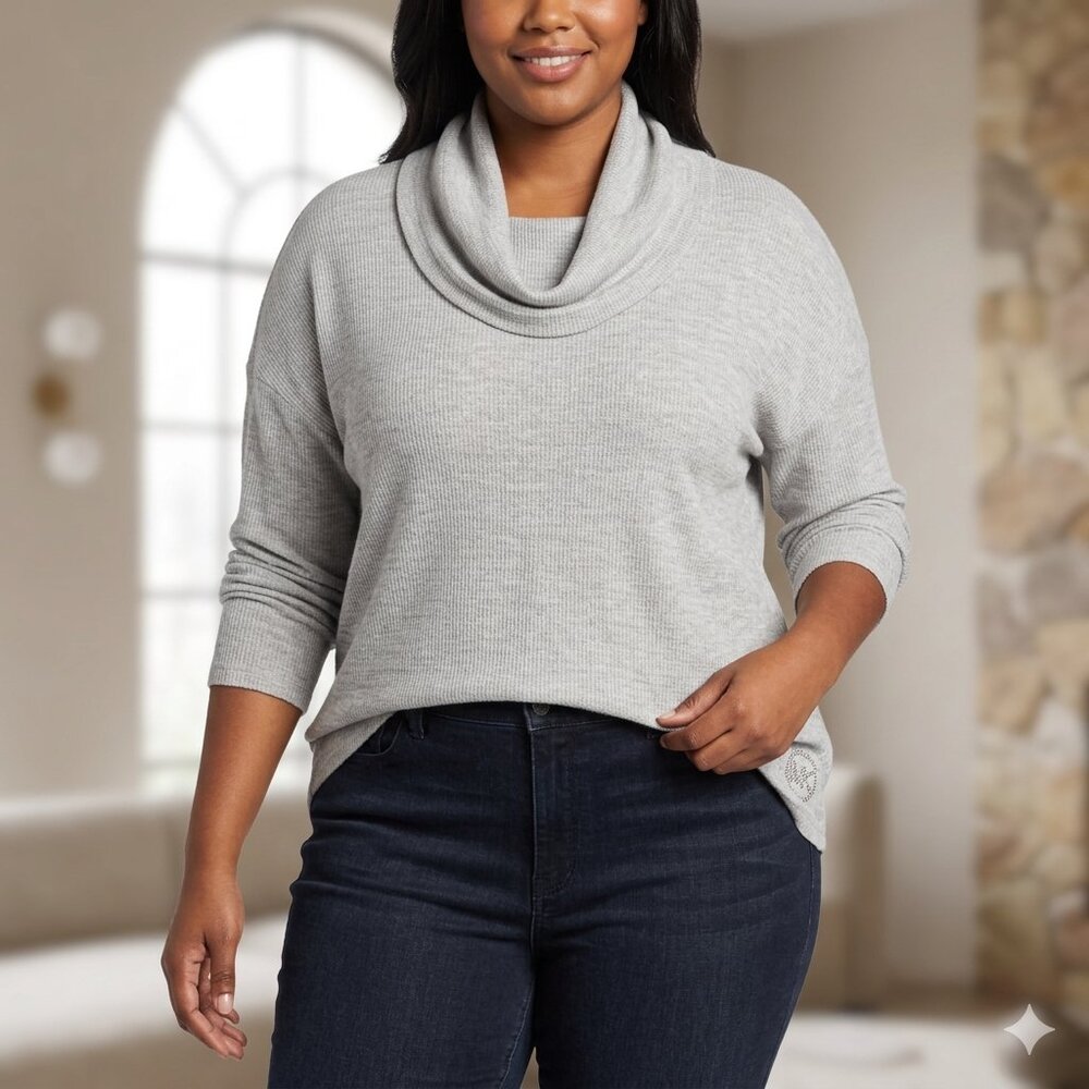 Michael Kors Women's Cowl Neck Waffle Knit Size Large Gray Rhinestone Logo
